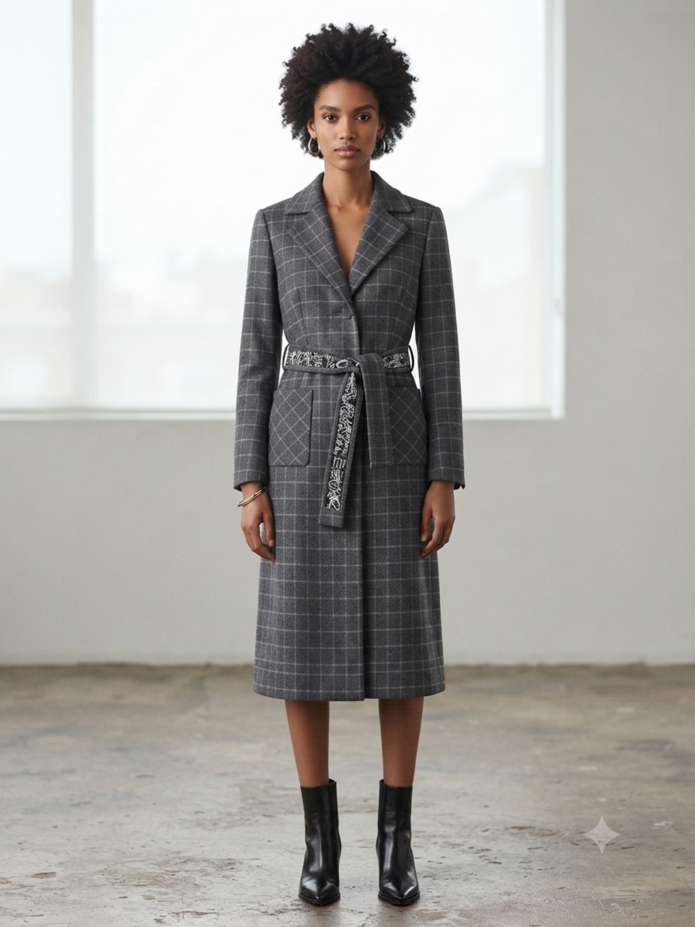 Sigrid Olsen Gray Windowpane Belted Trench Coat